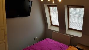 索波特的住宿－StudioSpanie Apartament Cherry，一间卧室配有紫色的床和一台平面电视