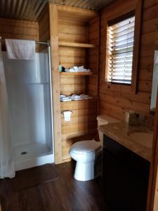 a bathroom with a toilet and a shower and a sink at Paradise RV & Cabins Resort in Vinton