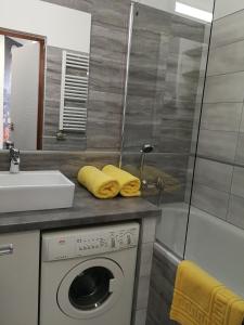 a bathroom with a washing machine and a sink at Class Apartment in Szeged +16 photos