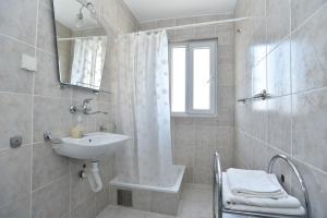 uma casa de banho com um lavatório e um chuveiro em Apartmani Alexandra em Budva