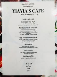- un menu pour le café yakisoba de l'auberge de bord de mer dans l'établissement The Sea Breeze Inn, à Middletown