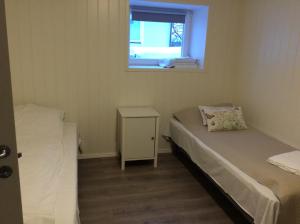 a small room with two beds and a window at Barents Hotell in Kirkenes