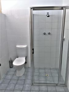 a bathroom with a toilet and a glass shower at Ceduna Motor Inn in Ceduna