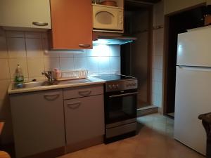 eine Küche mit einem Herd, einer Spüle und einem Kühlschrank in der Unterkunft Paul-S Apartman in Bad Hofgastein