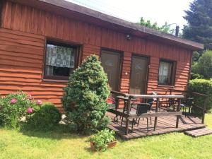 a log cabin with a picnic table and a bench at Orle Gniazdo domki in Stegna