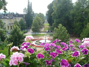 a view of a park with flowers and a fountain at Alte Villa Schlossblick in Bad Pyrmont