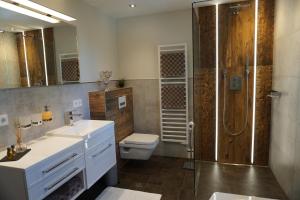 Un baño con inodoro, lavabo y ducha. en Das Haldensee, en Nesselwängle