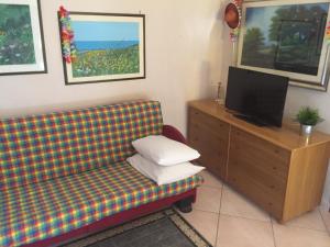 Una sala de estar con un sofá y un televisor de pantalla plana. en andrew's apartment - mulinia residence, en Acireale
