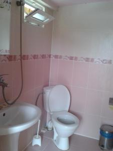 a pink bathroom with a toilet and a sink at Вили Бийчхаус in Kranevo