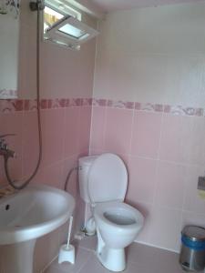 a pink bathroom with a toilet and a sink at Вили Бийчхаус in Kranevo +32 photos