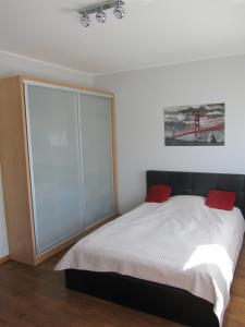 a bedroom with a bed with red pillows on it at Konrado in Dziwnów