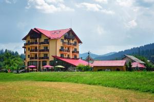 a large building on top of a green field at Pensiunea Carmen Silvae in Gura Humorului