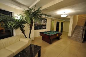 a living room with a pool table and a palm tree at Marcello Mielno in Mielno