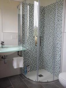 La salle de bains est pourvue d'une douche, d'un lavabo et de toilettes. dans l'établissement B&B Tre Confini, à Giaveno