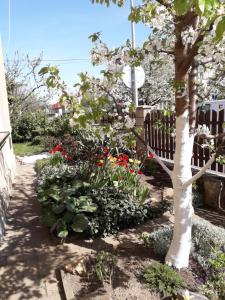 un jardín con flores, un árbol y una valla en Dreamy Apartment, en Praga