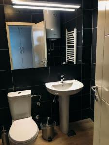 a bathroom with a toilet and a sink and a mirror at Apartman Senjak in Pirot