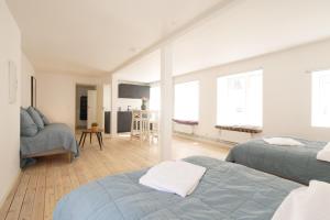 1 dormitorio con 2 camas y sala de estar en Rent A Place 1 - 4 en Copenhague