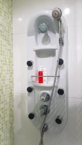 e bagno con doccia, ripiani e soffione. di O Ninho a Vila Nova de Gaia