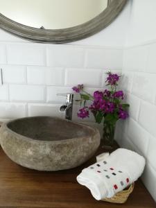 Pico San Carlos ll في Bejes: حمام مع حوض حجري كبير ومرآة