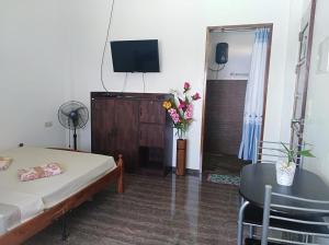 a bedroom with a bed and a table and a television at Seaview Mansion Apartment 1 in Dalaguete