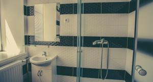 a bathroom with a sink and a glass shower at Almaz-Plus in Poltava