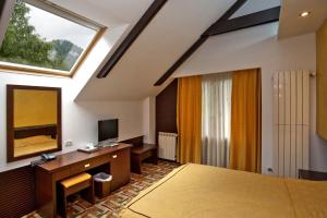 um quarto com uma cama, uma televisão e uma janela em Casa Iris-Hotel & Restaurant em Sinaia