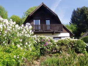 a house with a balcony and some flowers at Odenwald Lounge - ehemals Ferienhaus Bergblick in Reichelsheim