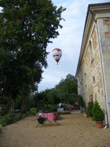 une montgolfière survole un bâtiment dans l'établissement Logis de la Pichonnière, à  Charcé-Saint-Ellier-sur-Aubance