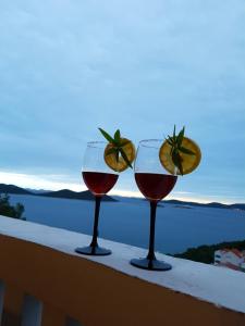 two glasses of wine sitting on a balcony with a view at Lavender Apartments in Drage