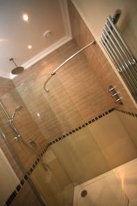a shower in a bathroom with a glass shower stall at Parc-Le-Breos House in Penclawdd