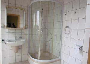 a bathroom with a shower and a sink at Hotel Seeblick in Saalburg +21 photos