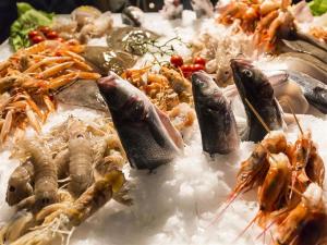 a plate of food with seafood on ice at Casa Terme in Sciacca
