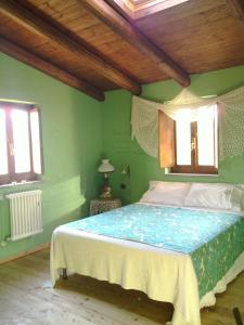 Schlafzimmer mit einem Bett mit grünen Wänden und Fenstern in der Unterkunft Azienda Agrituristica Risveglio Naturale in Varese Ligure