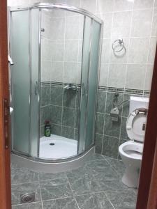 uma casa de banho com um chuveiro e um WC. em Motel Krstac em Mojkovac