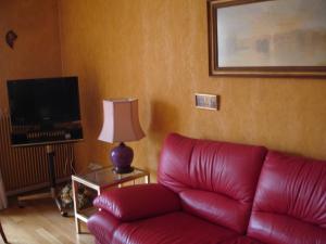 een rode leren bank in een woonkamer met een lamp bij Patio in Colmar