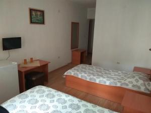 a small bedroom with two beds and a television at Family Hotel Blazhi in Sandanski