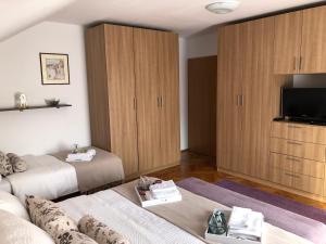 a living room with two beds and a tv at Apartment Satori in Korenica