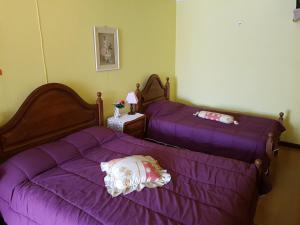 two beds in a bedroom with purple sheets at Residencial Bem Estar in Vila Real