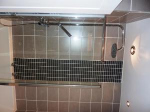 a shower in a bathroom with black tile at Hewlett Apartments in Cheltenham
