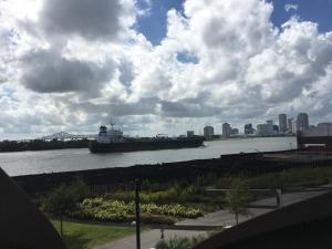 a large ship in the water with a city in the background at Petite Desire in New Orleans