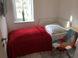 1 dormitorio con cama, ventana y silla en Wolffs-Idyll en Prerow