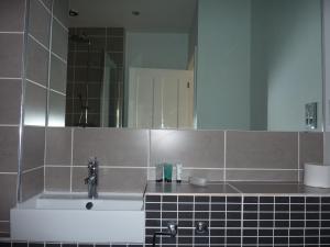a bathroom with a bath tub and a mirror at Hewlett Apartments in Cheltenham