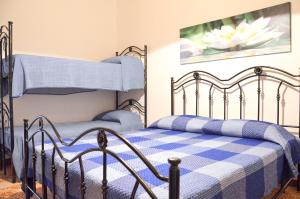 カステッルッツォにあるLa Grande Palmaのベッドルーム1室(青と白のチェック入り毛布付きのベッド1台付)