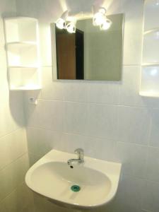 a white bathroom with a sink and a mirror at Kupková ubytování v soukromí in Brno