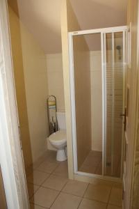 a bathroom with a toilet and a glass shower at Domek "Madzia" in Brenna