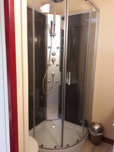 a shower with a glass door in a bathroom at Chambres d'hôtes Le Forgeron in Châteaumur