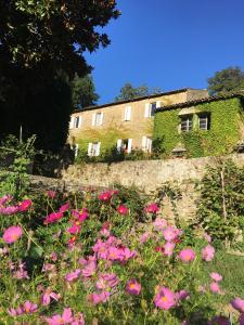 un champ de fleurs roses devant un bâtiment dans l'établissement Le hameau de Robert, à Boucieu-Le-Roi