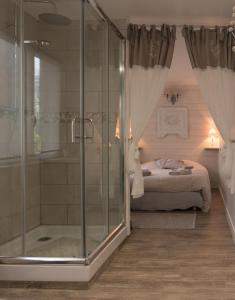 1 dormitorio con ducha, 1 cama y bañera en Les Trois Roses, en Abbeville