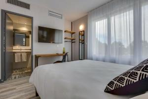 ein Hotelzimmer mit einem Bett und einem TV in der Unterkunft Le Lodge de Sologne in Vierzon