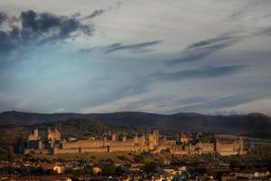a large castle on a hill in a city at L'Atelier B&B - Esprit bohème, la nature en ville in Carcassonne